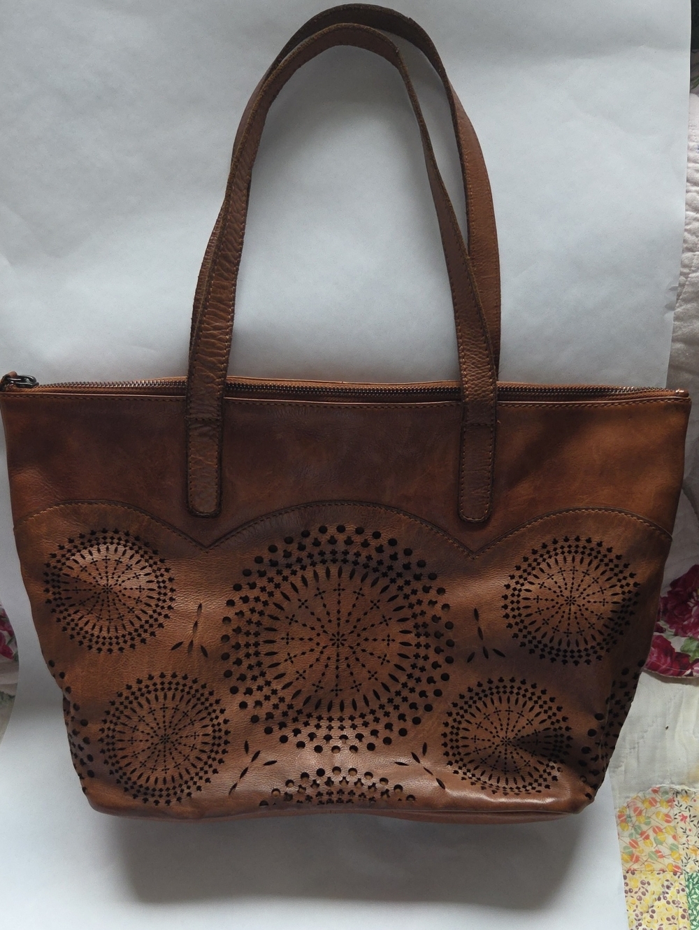 Source Unknown Brown Leather Tote with Laser-Cut Medallions